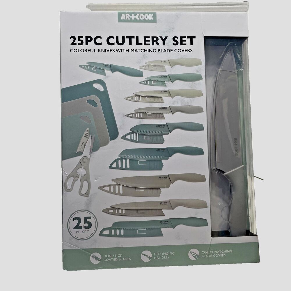 AR+COOK 25 PC Cutlery Set Green Colorful Knives With Matching Blade Covers Ergon